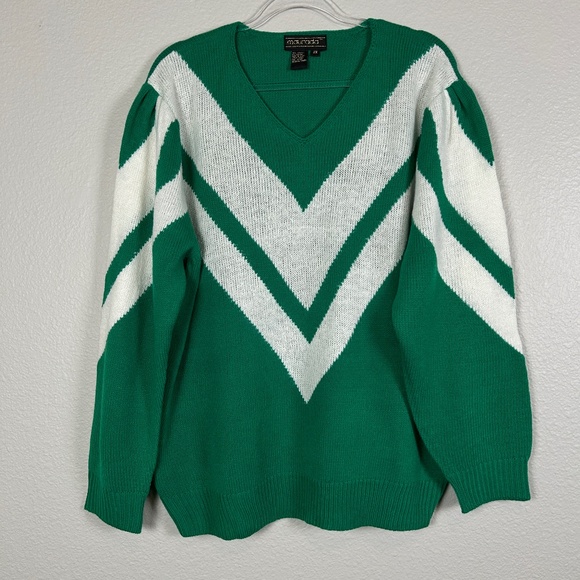Maurada Sweaters - Maurada women plus size 2X knit sweater green white mohair blend chevron varsity